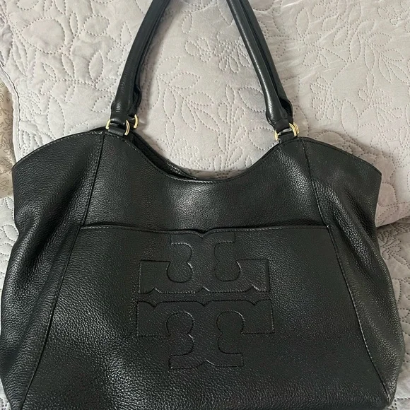 Tory Burch Black Pebbled Leather Double-T Shoulder Tote - Picture 1 of 8